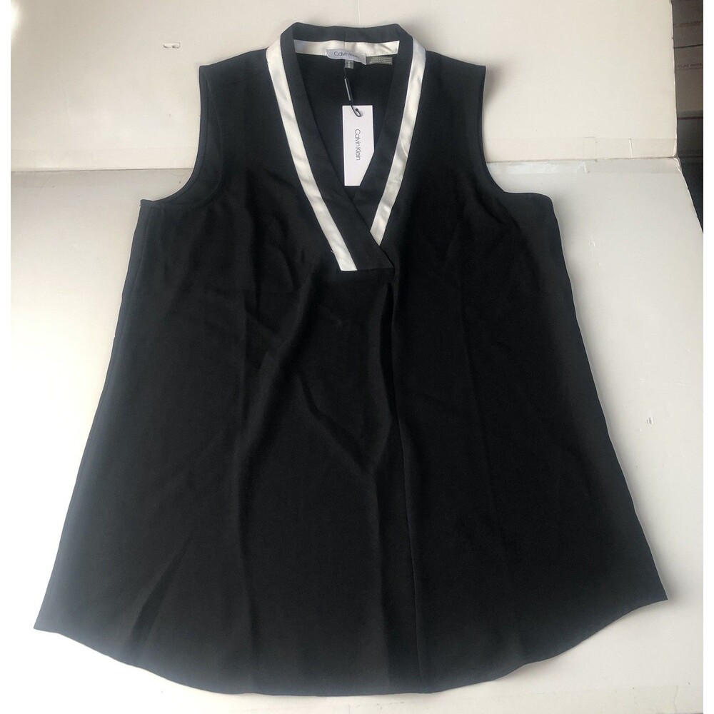 Calvin Klein Women’s V-Neck Sleeveless Blouse Tank Black White Medium NWT